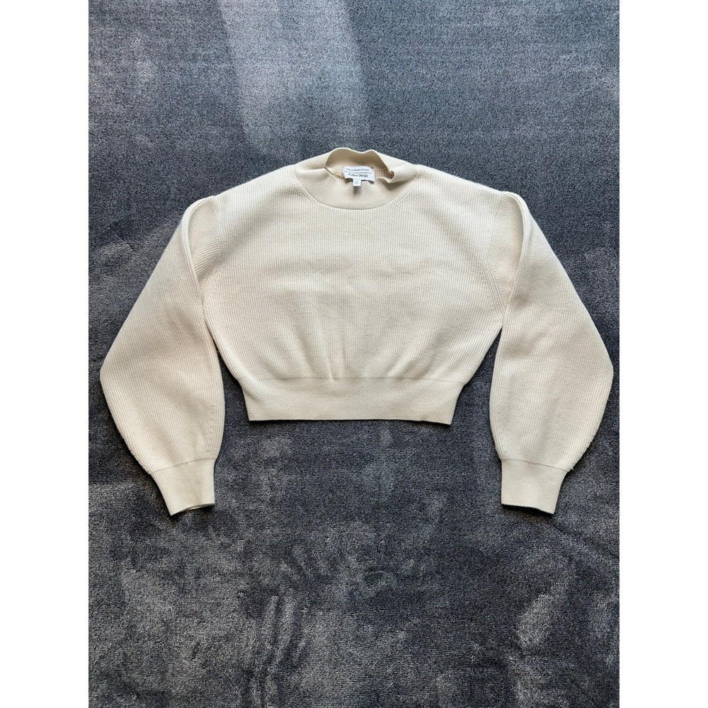 & Other Stories Cream Ribbed Cropped Mock Neck Puff Shoulder Wool Sweater S -226